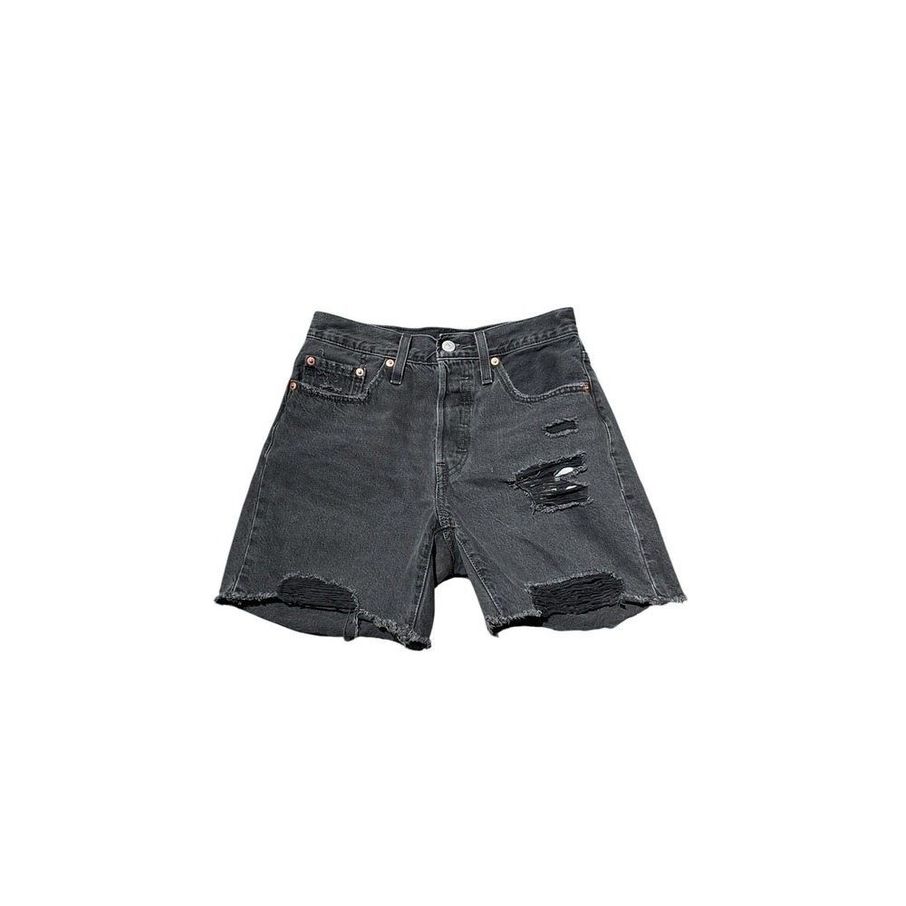 Levis 501 Shorts Womens Black Denim Button Fly Distressed Raw Hem Cut Off 26(27)